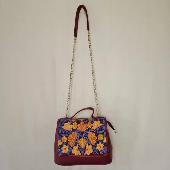 Kashmiri Maroon Aari Panel Flip Bag with Sling and Back Pocket - Pahalgam Collection - Image 2