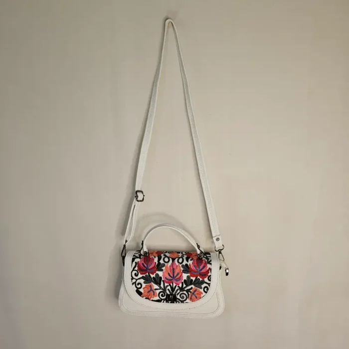 Small Kashmiri White Handbag | Sling with Top Handle - Aari Work - Pahalgam Collection - Image 2