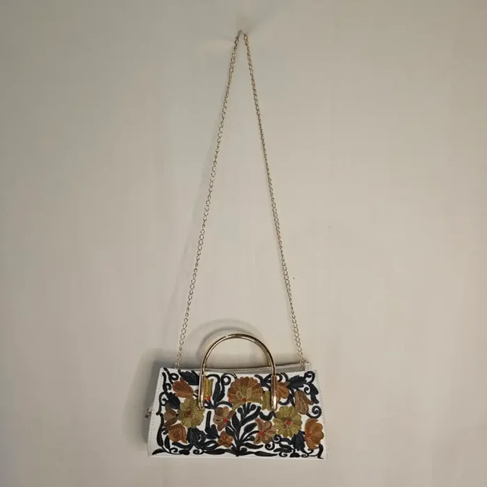 Kashmiri Embroidered White Clutch with Chain and Steel Handle - Image 2