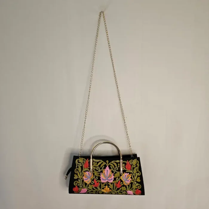 Kashmiri Aari Black Clutch with Sling and Steel Handle - Image 2