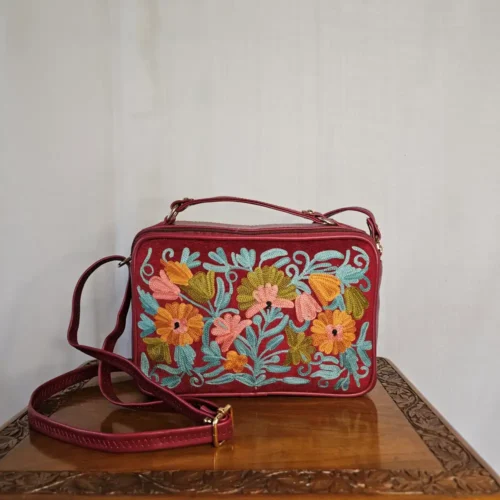 Kashmiri Aari Embroidered Maroon Messenger Box Bag with Sling - Pahalgam Collection