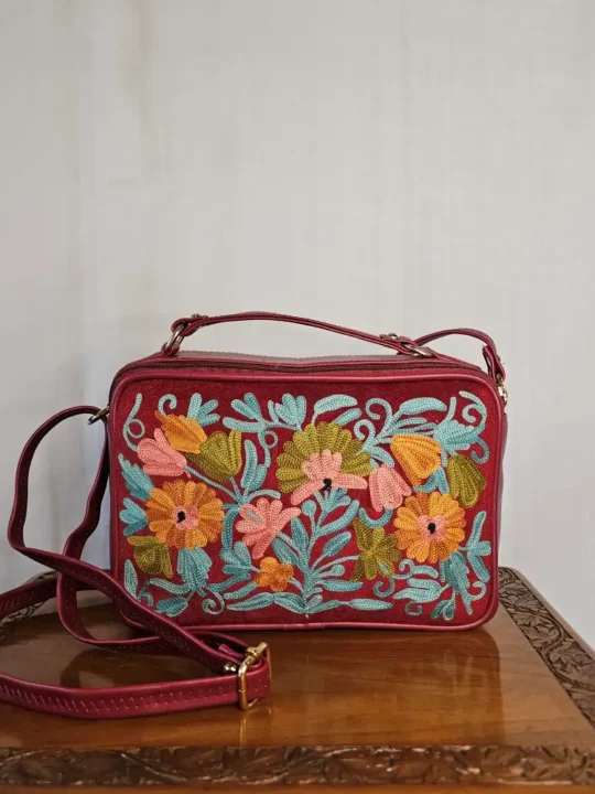 Kashmiri Aari Embroidered Maroon Messenger Box Bag with Sling - Pahalgam Collection