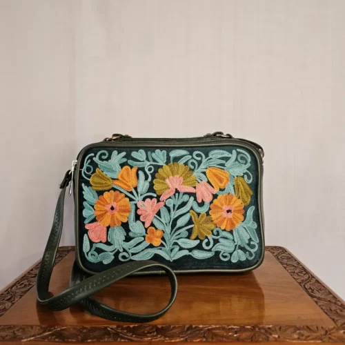 Classic Blue Kashmiri Messenger Box Bag with Aari Motifs and Two Pockets - Pahalgam