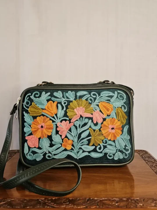 Classic Blue Kashmiri Messenger Box Bag with Aari Motifs and Two Pockets - Pahalgam