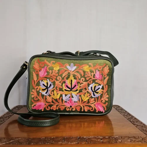 Kashmiri Floral Green Messenger Box Bag with Sling and Dual Pockets - Pahalgam Collection