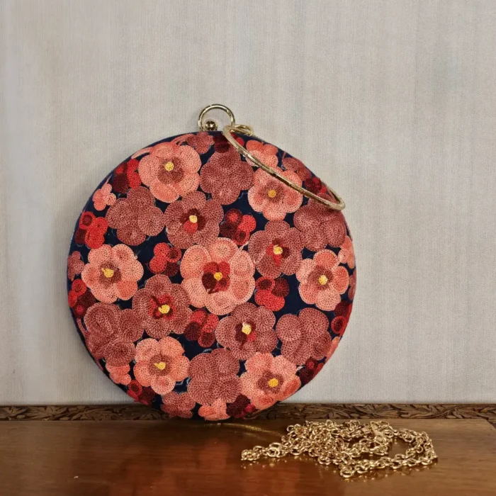 Dark Blue Aari Work Round Kashmiri Clutch with Sling - Pahalgam Collection