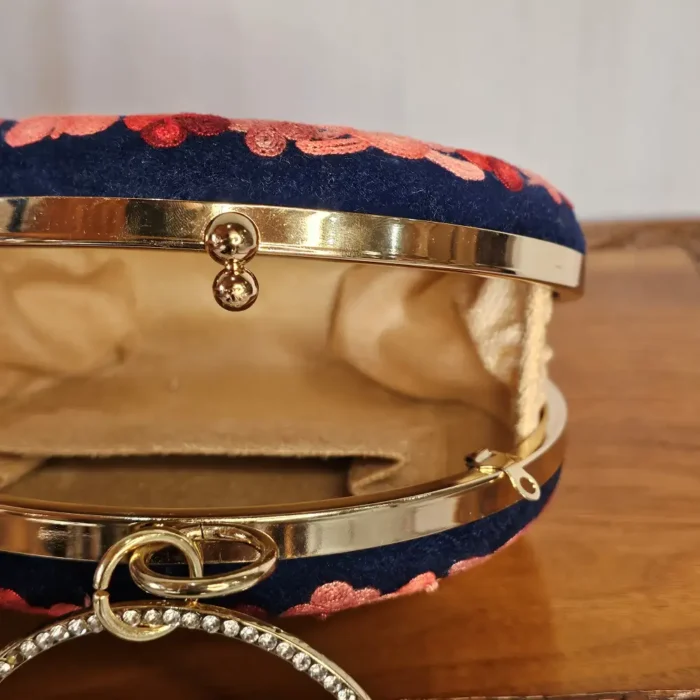 Dark Blue Aari Work Round Kashmiri Clutch with Sling - Pahalgam Collection - Image 3