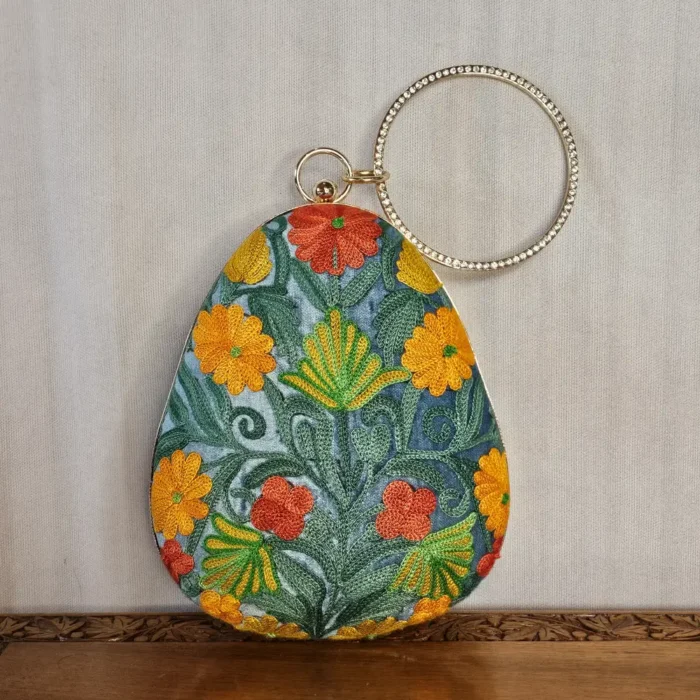 Kashmiri Almond-Shaped Aari Embroidered Grey Clutch with Sling - Pahalgam Collection - Image 3