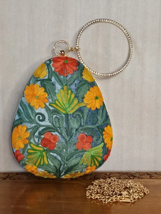Kashmiri Almond-Shaped Aari Embroidered Grey Clutch with Sling - Pahalgam Collection