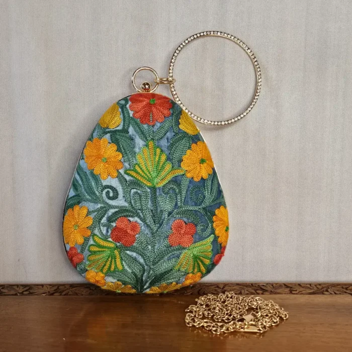 Kashmiri Almond-Shaped Aari Embroidered Grey Clutch with Sling - Pahalgam Collection