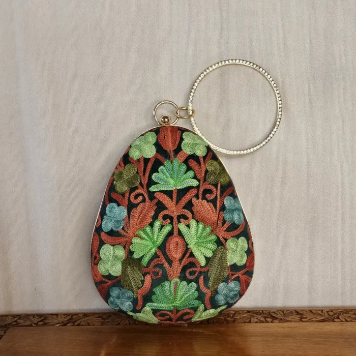 Dark Green Almond-Shaped Aari Embroidered Kashmiri Clutch with Sling - Pahalgam Collection - Image 3