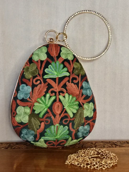 Dark Green Almond-Shaped Aari Embroidered Kashmiri Clutch with Sling - Pahalgam Collection