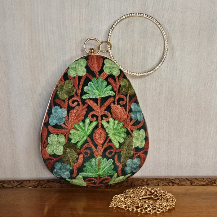 Dark Green Almond-Shaped Aari Embroidered Kashmiri Clutch with Sling - Pahalgam Collection