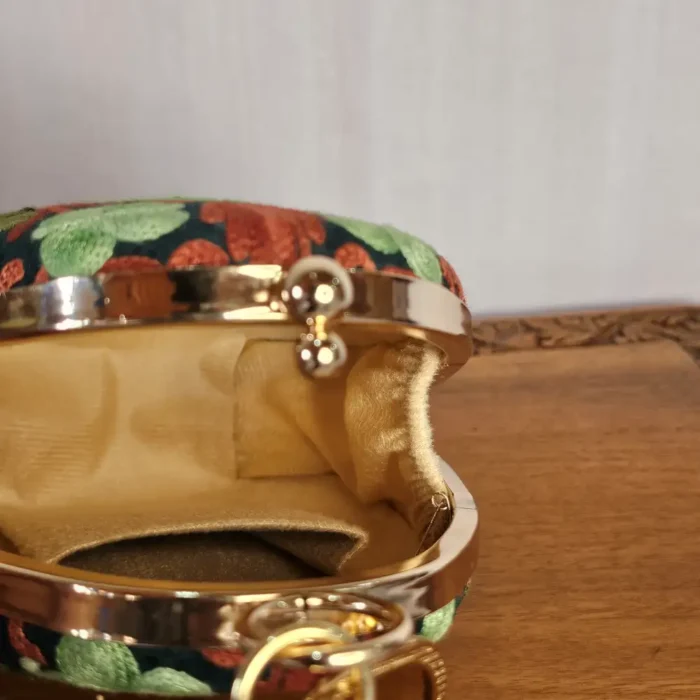 Dark Green Almond-Shaped Aari Embroidered Kashmiri Clutch with Sling - Pahalgam Collection - Image 4