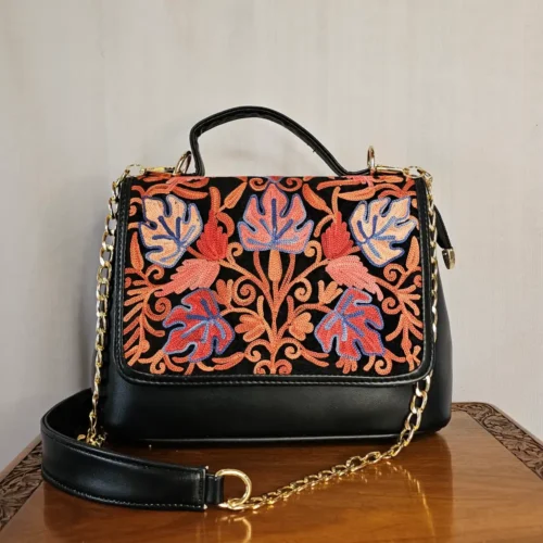 Kashmiri Black Flip Sling Bag with Aari Embroidery and Dual Carry - Pahalgam Collection