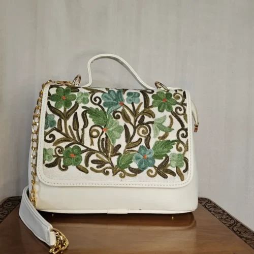 Kashmiri White Aari Embroidered Flip Bag with Sling - Pahalgam Collection