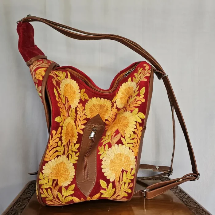 Kashmiri Aari Embroidered Multi-Way Red Backpack | Arabian Pithoo - Pahalgam - Image 3
