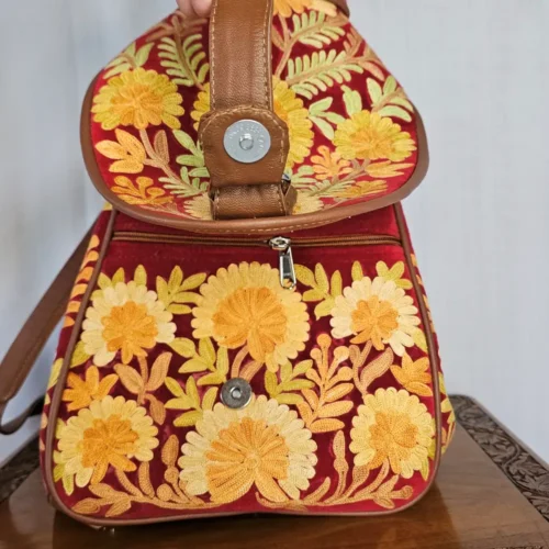 Kashmiri Aari Embroidered Multi-Way Red Backpack | Arabian Pithoo - Pahalgam