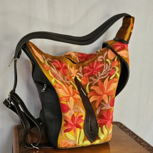 Kashmiri Mustard Convertible Backpack - Aari Detail | Arabian Pithoo  - Pahalgam