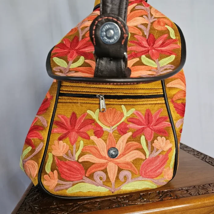 Kashmiri Mustard Convertible Backpack - Aari Detail | Arabian Pithoo  - Pahalgam - Image 4