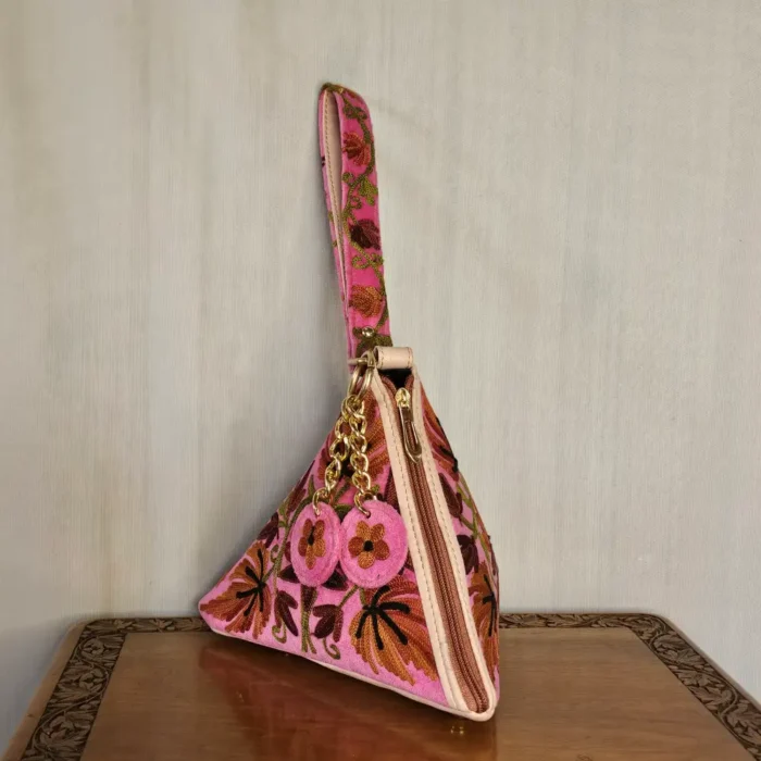 Kashmiri Triangle Potli Bag with Arm Handle - Aari Motifs in Pink | Pahalgam - Image 2