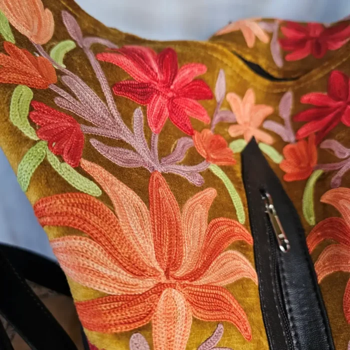 Kashmiri Mustard Convertible Backpack - Aari Detail | Arabian Pithoo  - Pahalgam - Image 5