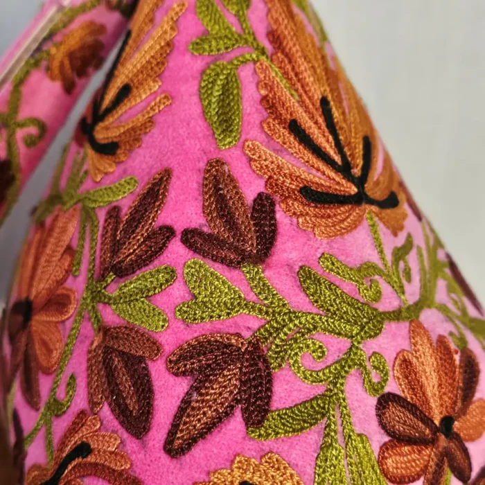 Kashmiri Triangle Potli Bag with Arm Handle - Aari Motifs in Pink | Pahalgam - Image 3