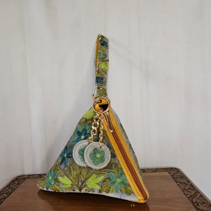 Kashmiri Triangle Potli Bag in Grey with Aari Work - Pahalgam Collection - Image 2