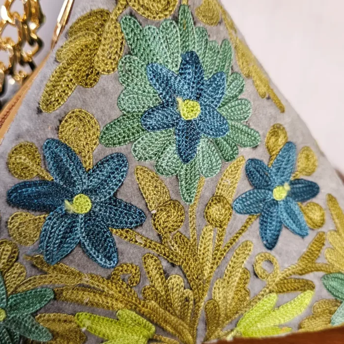 Kashmiri Triangle Potli Bag in Grey with Aari Work - Pahalgam Collection - Image 3