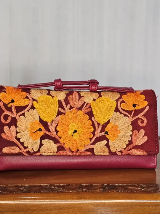 Kashmiri Maroon PU Wallet with Handle & Aari Floral Detail - Pahalgam Collection