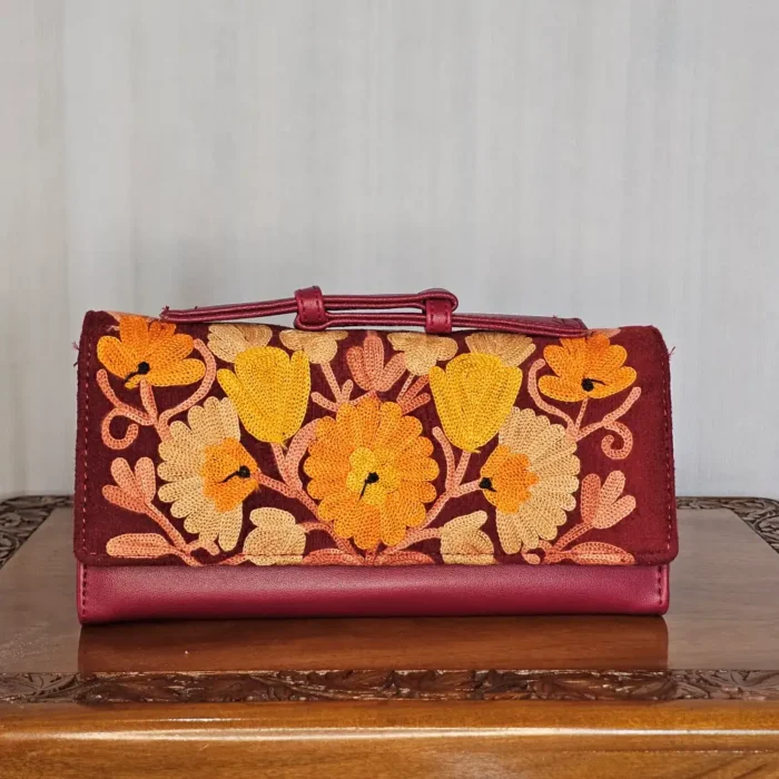 Kashmiri Maroon PU Wallet with Handle & Aari Floral Detail - Pahalgam Collection