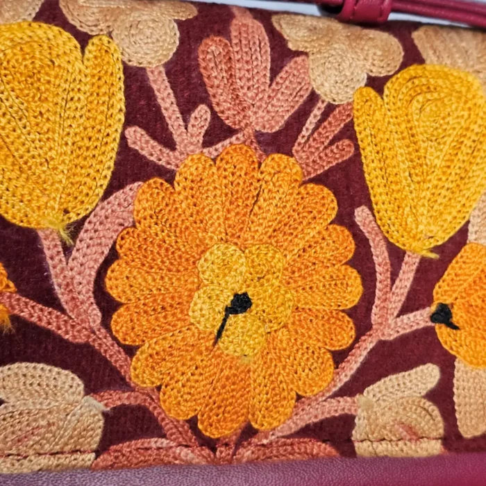 Kashmiri Maroon PU Wallet with Handle & Aari Floral Detail - Pahalgam Collection - Image 5