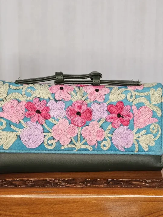 Green Kashmiri Wallet with Aari Embroidery and Top Handle - Pahalgam Collection