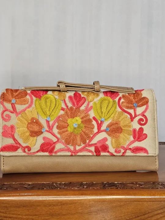 Beige Wallet with Kashmiri Aari Flowers and Handle - Pahalgam Collection