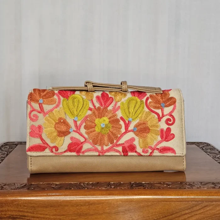 Beige Wallet with Kashmiri Aari Flowers and Handle - Pahalgam Collection