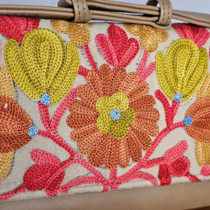 Beige Wallet with Kashmiri Aari Flowers and Handle - Pahalgam Collection - Image 3