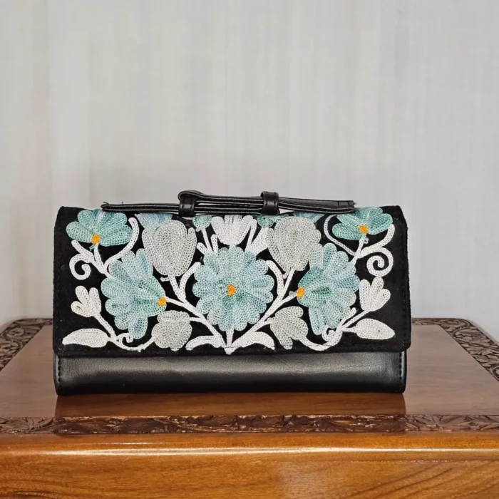 Black Kashmiri Wallet with Bold Aari Embroidery and Handle - Pahalgam Collection