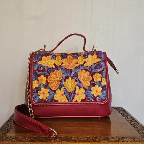 Kashmiri Maroon Aari Panel Flip Bag with Sling and Back Pocket - Pahalgam Collection