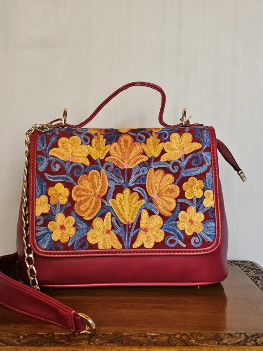 Kashmiri Maroon Aari Panel Flip Bag with Sling and Back Pocket - Pahalgam Collection