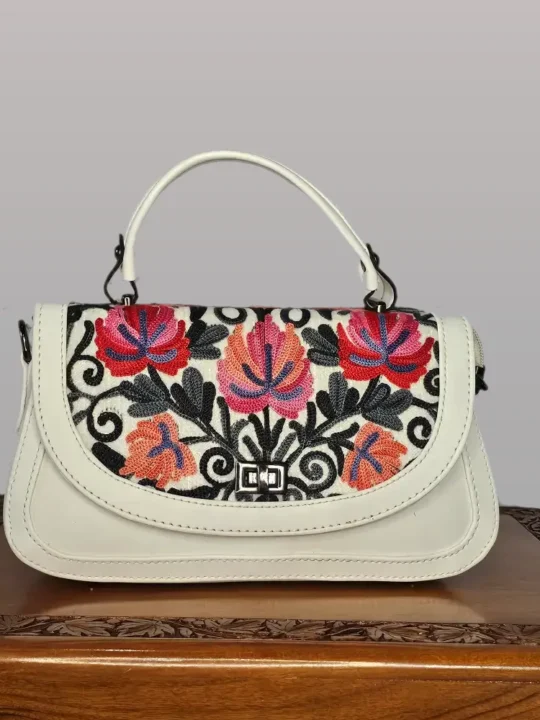 Small Kashmiri White Handbag | Sling with Top Handle - Aari Work - Pahalgam Collection