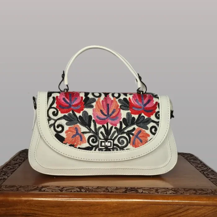Small Kashmiri White Handbag | Sling with Top Handle - Aari Work - Pahalgam Collection