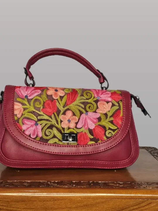 Kashmiri Small Maroon Handbag | Sling with Top Handle - Aari Work - Pahalgam Collection