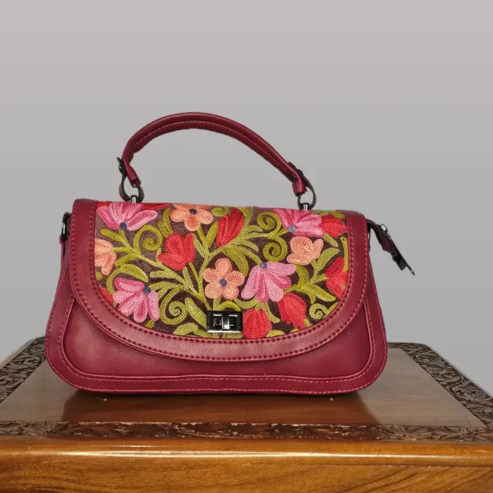 Kashmiri Small Maroon Handbag | Sling with Top Handle - Aari Work - Pahalgam Collection
