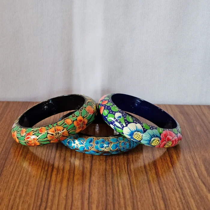 Kashmiri Paper Machie Bangle Set of 3 – Floral Tones - Image 3