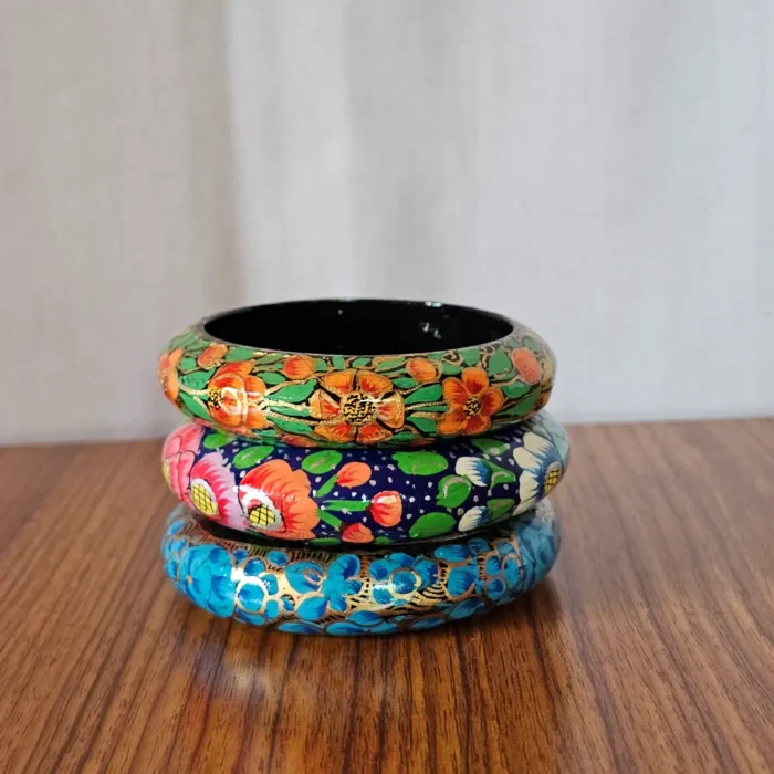 Kashmiri Paper Machie Bangle Set of 3 – Floral Tones - Image 2
