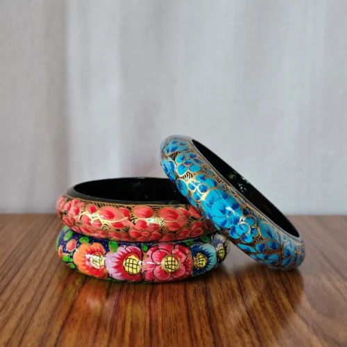 Set of 3 Kashmiri Paper Machie Bangles – Handpainted Floral Details