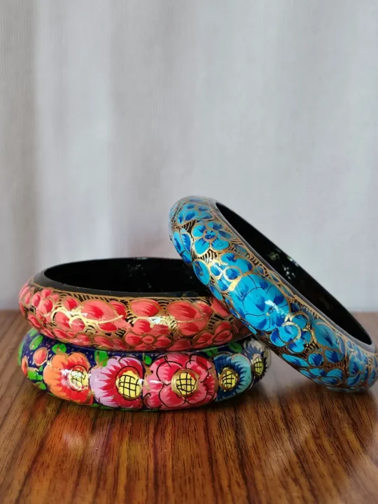 Set of 3 Kashmiri Paper Machie Bangles – Handpainted Floral Details