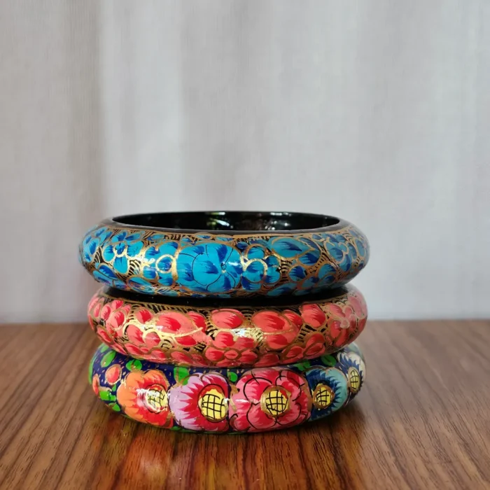 Set of 3 Kashmiri Paper Machie Bangles – Handpainted Floral Details - Image 2