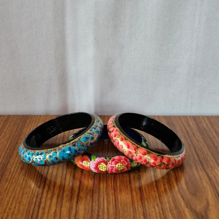 Set of 3 Kashmiri Paper Machie Bangles – Handpainted Floral Details - Image 3