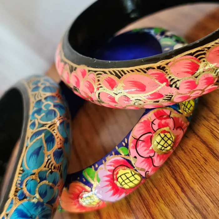 Set of 3 Kashmiri Paper Machie Bangles – Handpainted Floral Details - Image 4